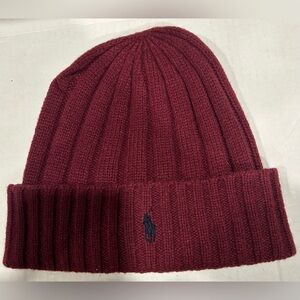 NWT Polo Ralph Lauren Burgundy Wool Blend Ribbed Logo Cuff Knit Beanie Hat